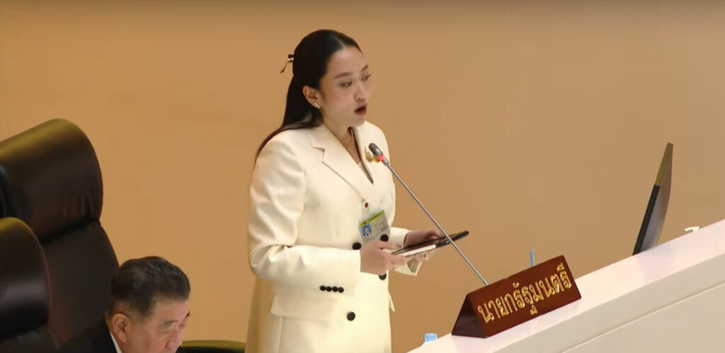Thai Prime Minister Paetongtarn Shinawatra speaking in parliament earlier this year.