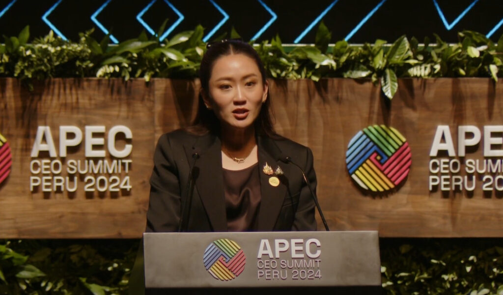 Thai Prime Minister Paetongtarn Shinawatra speaking at an APEC summit last year.